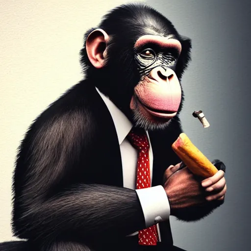 Image similar to a high detail photo of an antropomorphic chimp wearing a suit smoking a cigarrette, subject= chimp, subject detail: wearing a suit, subject action: smoking a cigar, photorealism, dramatic lighting, award winning photograph, trending on artstation