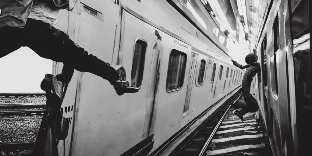 Image similar to person jumping into a train