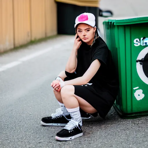 Prompt: photographic portrait of a streetwear anime girl crouched next to a dumpster, closeup, sigma 85mm f/1.4, 4k, depth of field, high resolution, 4k, 8k, hd, full color