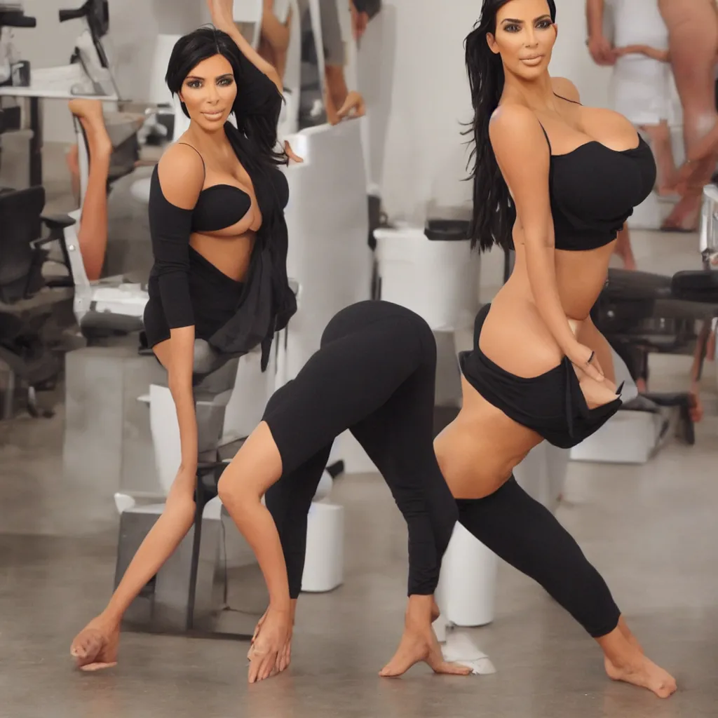 Image similar to kim kardashian in a modeling studio, yoga pose, hd, tan, camisole, body shot