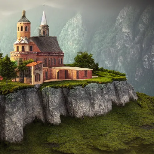 Prompt: old european monastery on the side of a cliff rainy atmosphere 8k photorealistic
