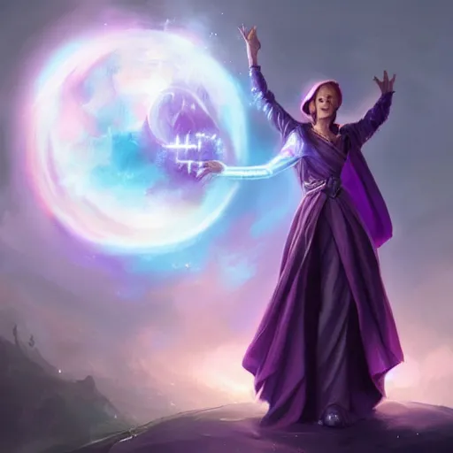 Prompt: a beautiful Purple Magician based on Maggie Smith with glowing aura holding an orb by Greg Rutkowski and Raymond Swanland, Trending on Artstation, cloudy background, ultra realistic digital art