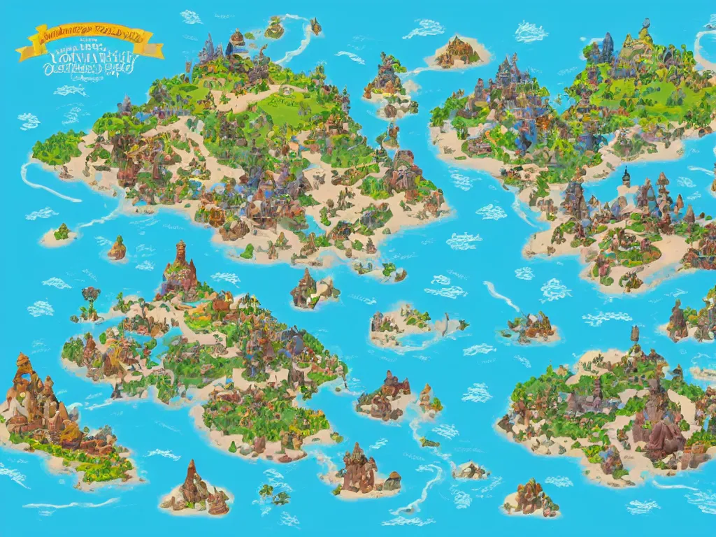 Image similar to an isometric disney fantasy map of a continent bordered by ocean