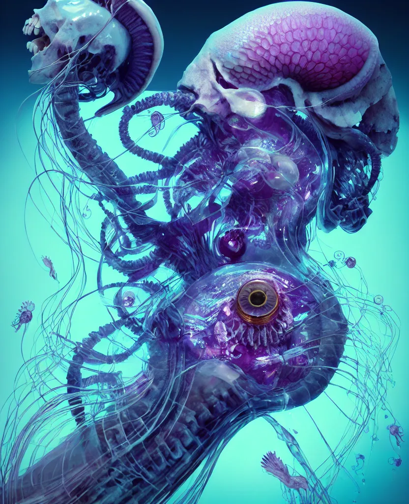 Image similar to goddess close-up portrait ram skull, thorax, x-ray, backbone, jellyfish phoenix head, nautilus, orchid, skull, betta fish, bioluminiscent creatures, intricate artwork by Tooth Wu and wlop and beeple. octane render, trending on artstation, greg rutkowski very coherent symmetrical artwork. cinematic, hyper realism, high detail, octane render, 8k