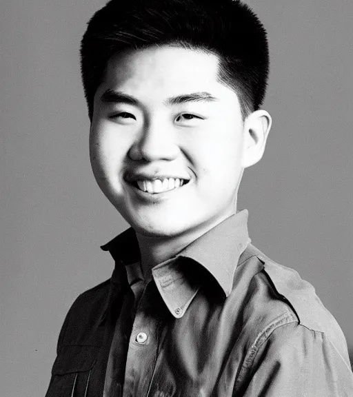 Image similar to a professional portrait of frank zhang, a 1 7 year old chinese - canadian boy with brown eyes, military cut flat top black hair, a warm smile, a chubby, round face, a chubby body, 6'3 height, archer