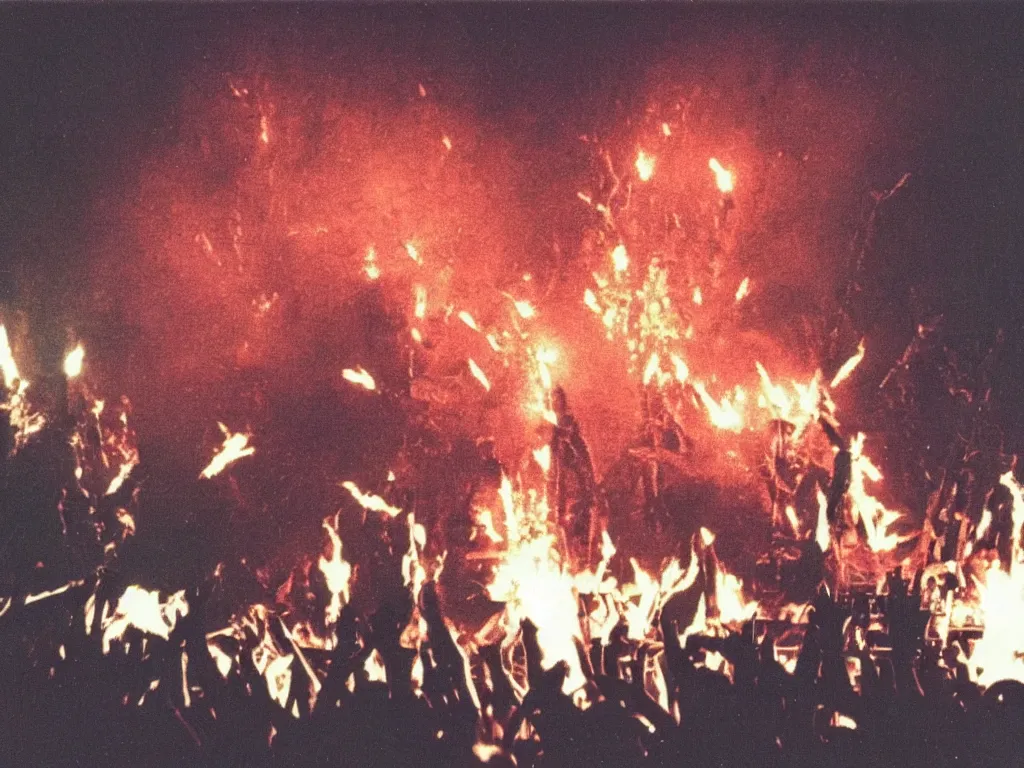 Image similar to 80s polaroid colour flash photograph of Rammstein concert pyrotechnics