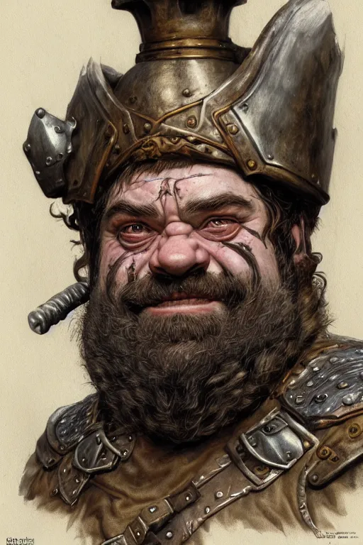 Image similar to head and shoulders portrait of a dwarf adventurer, jovial, scarred lip, grandfatherly, leather armor, male, tavern, high fantasy, d & d, by donato giancola, face details, extremely detailed, digital illustration