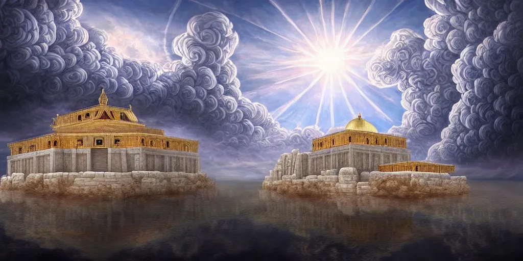 Prompt: hidden imagery floating temple in the sky incredible digital art optical illusion, superb detailed clouds shaped like the second temple in jerusalem, over the ruins of old jerusalem, awe inspiring, masterpiece surrealism, digital art trending on artstation awesome award winning