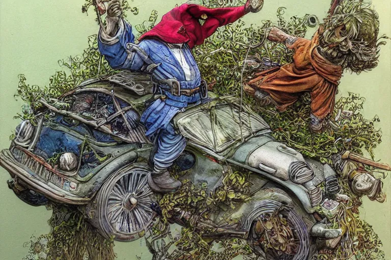 Image similar to a highly detailed garden gnome hanging off the back of a car in full speed, trying to hold on, desperate, wide angle, an ultrafine detailed painting by p. craig russell and barry windsor - smith, trending on deviantart, octane, masterpiece