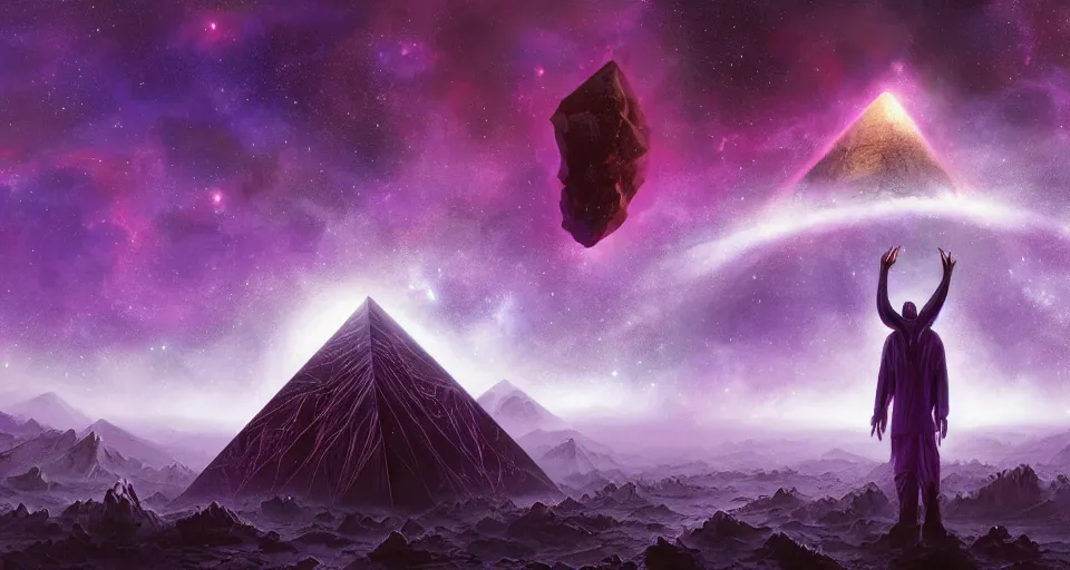 Image similar to black lovecraftian eldritch!! obsidian pyramid!! with a man standing, black desert, cosmic purple space!, bright stars, nebula, sky background by eugene von guerard, ivan shishkin, night, cosmic brightly purple space stars, concept art, trending on artstation, 8 k