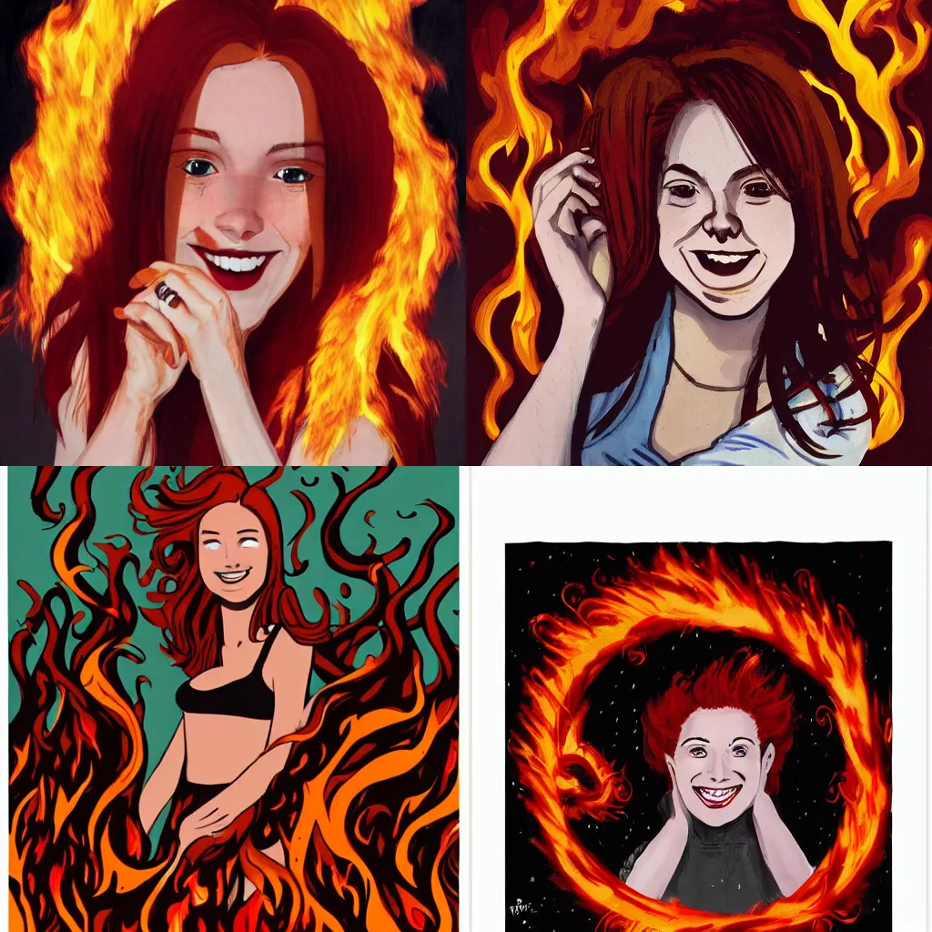 Prompt: a red haired brown eyed teenage girl surrounded by rings of flames and wisps of fire smiling maliciously. By Austin Briggs.