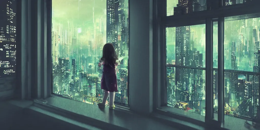 Prompt: overlooking on night city cyberpunk from floor to ceiling window, little girl, beautiful hair at the back, looking out the window, liminal, cinematic, dreamscape