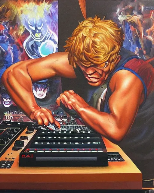 Image similar to cyclops (from x-men) finger drumming on an Akai MPC 2000XL, painting by Toni Toscani, oil on canvas