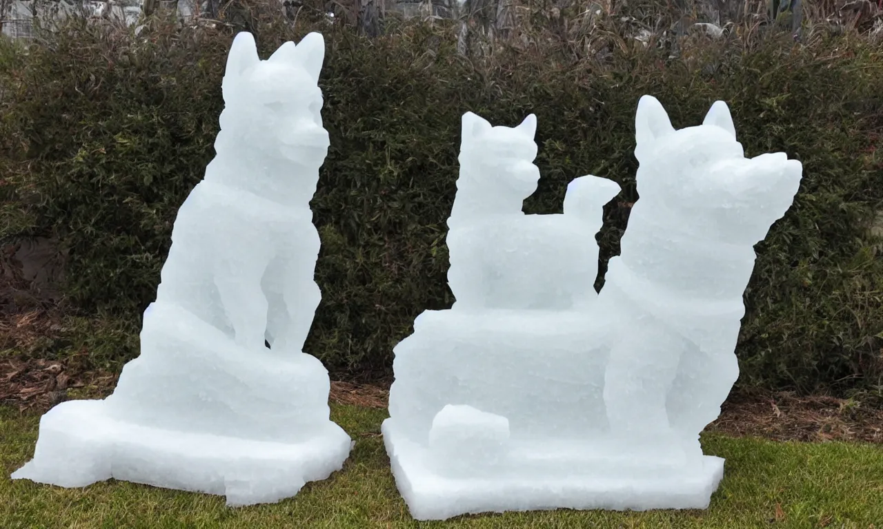 Prompt: an ice sculpture of a shiba inu dog