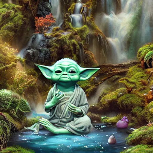 Prompt: tom bagshaw, beautiful kawai miniature baby yoda meditating, mythical shrine, soft painting render curiosities carnival pond river vegetation rocks bugs wildlife mushrooms covered moss bioluminescent wisps, beautiful stunning waterfall, accurate features, focus, very intricate ultrafine details, random volumetric lighting, fog, award winning masterpiece, octane render 8 k hd, artstation