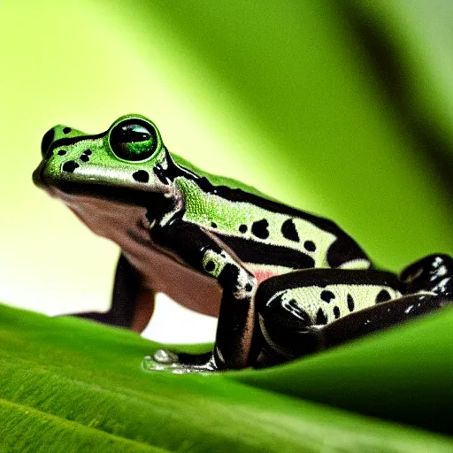 Prompt: small dart frog, chilling on a leaf, in jungle, alien movie style, hyper realistic, rule of thirds, extreme detail, 4 k, detailed drawing, trending artstation, realistic lighting, by giger, sharp focus, backlit