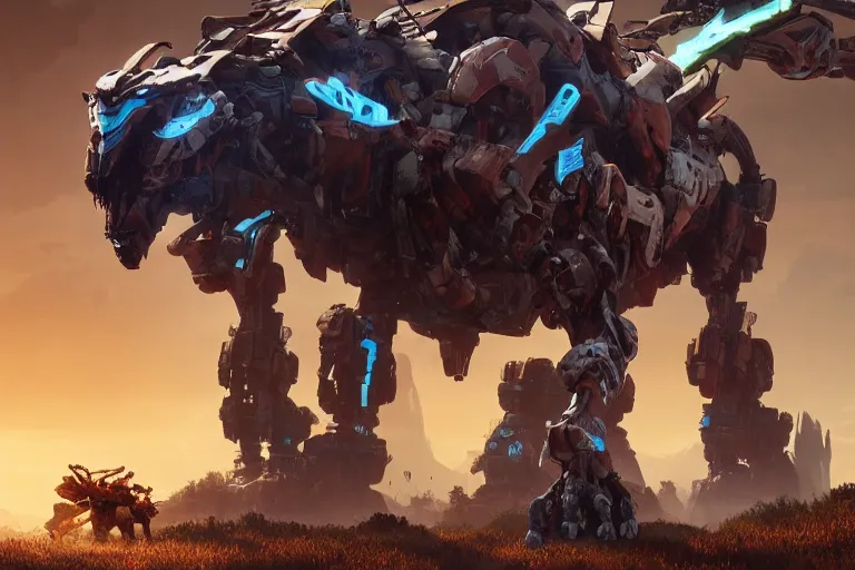 Image similar to thunderjaw machine mecha animal beast robot of horizon forbidden west horizon zero dawn bioluminiscence global illumination ray tracing hdr fanart arstation by sung choi and eric pfeiffer and gabriel garza and casper konefal