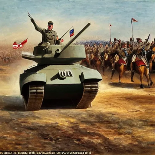 Prompt: George H.W. Bush rides in a tank leading his army against Iraq, oil on canvas, 1883