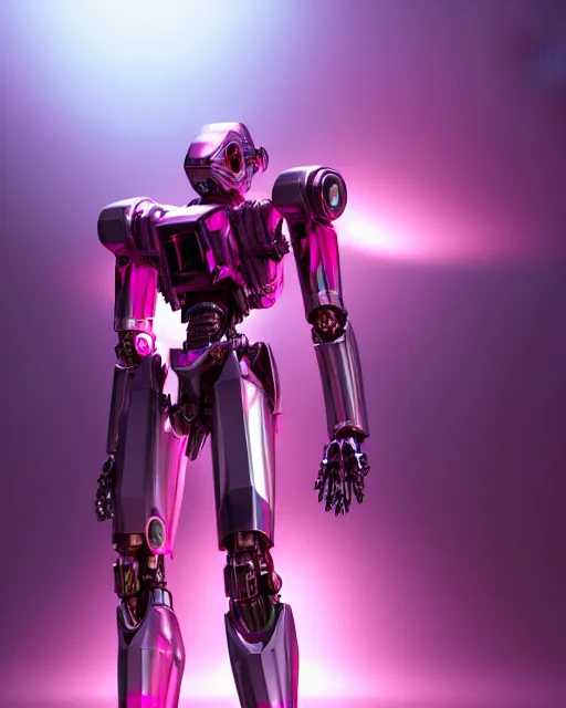 Prompt: hyperrealistic 3d render mecha iridescent pink concept art vray ute osterwald de chirico sharp cinematic very moody light 8k low angle shallow depth of field