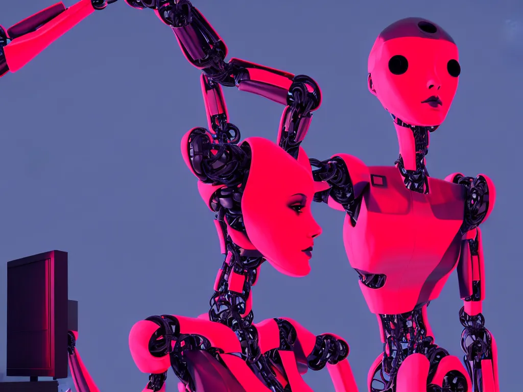 Image similar to beautiful tall female robot printed with red and black 3 d geometrical neon + guarding a wall of computers!!!!!!!!!! + flowering vaporwave orchids transcendent, clean linework, dramatic, finely detailed, 4 k, trending on artstation, photorealistic, award winning, volumetric lighting, octane render