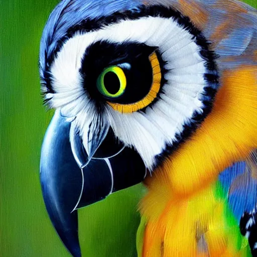 Image similar to hybrid bird cross between mccaw parrot and owl detailed oil painting 4k