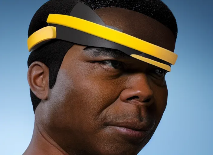 Image similar to a hyper realistic ultra realistic photograph of Commander Geordi La Forge wearing his visor, highly detailed, 8k photograph