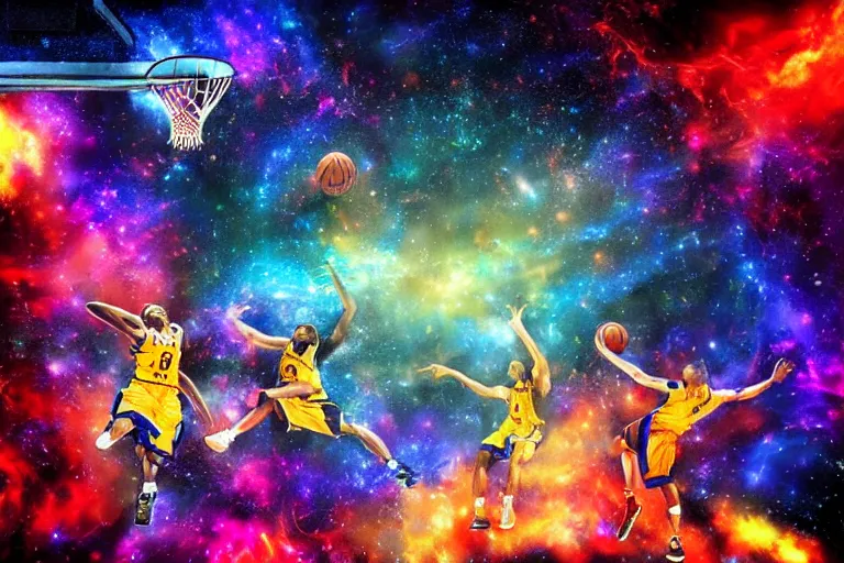 Image similar to street art basketball players vivid colors, sketchers, nebula and fire background hd high details