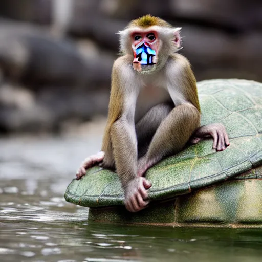 Image similar to a monkey sitting on the back of a turtle