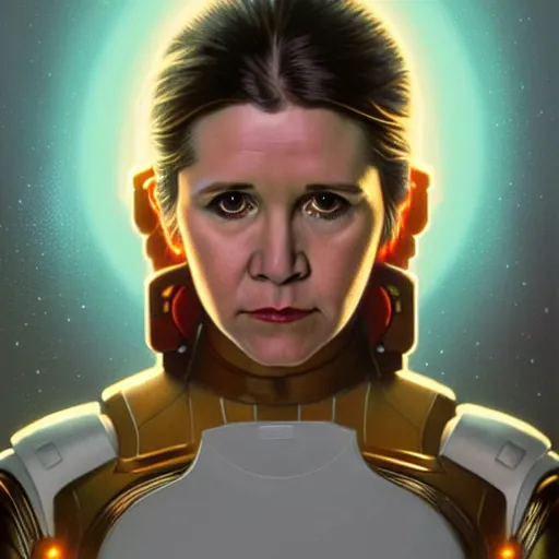 Image similar to symmetry!! portrait of young carrie fisher, gold sci - fi armour, tech wear, glowing lights!! sci - fi, intricate, elegant, highly detailed, digital painting, artstation, concept art, smooth, sharp focus, illustration, art by artgerm and greg rutkowski and alphonse mucha