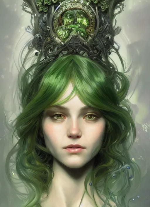 Prompt: portrait of beautiful green skin cute goblin girl, fantasy, D&D, intricate, elegant, highly detailed, digital painting, artstation, concept art, smooth, sharp focus, illustration, art by artgerm and greg rutkowski and alphonse mucha and Gustav Klimt