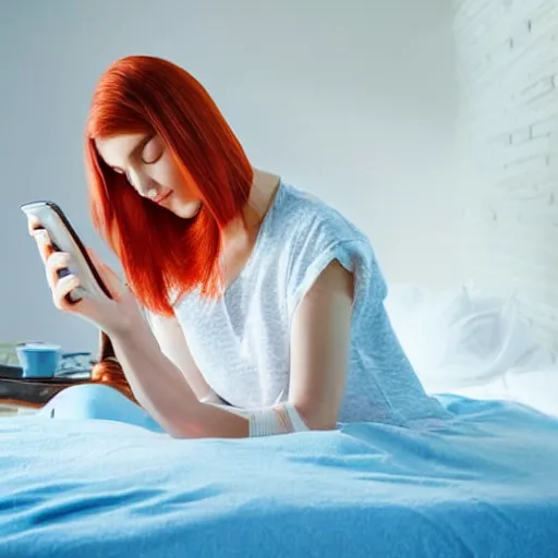 Prompt: young woman with cinnamon colored skin and bright blue hair using her smartphone under the white sheets on her white bed, masterpiece , Memphis Corporate art style , award winning. Post-processing , vibrant colors