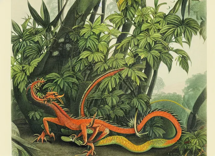 Image similar to dragons in a tropical forest, john james audubon, vintage botanical, intaglio