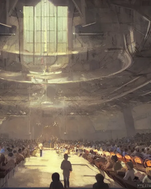 Prompt: craig mullins and ghibli digital illustration of a crowd in a futuristic church, priest, pews, ethereal, inviting, bright, unreal engine, hyper realism, realistic shading, cinematic composition, realistic render, octane render, detailed textures, photorealistic, wide shot