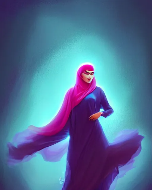 Image similar to beautiful arab woman in niqab, floating in mid - air, long flowing fabric, haunting, dancer, flowers, rain, lightning, storm, digital painting, illustration by james jean and tinothy kong and artgerm, volumetric lighting, realism, artstation