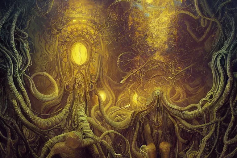 Image similar to a lovecraftian painting of the madness of the yellow king, cosmic horror elements, ultra realistic, concept art, intricate details, eerie, highly detailed, photorealistic, octane render, 8 k, unreal engine. art by artgerm and greg rutkowski and alphonse mucha