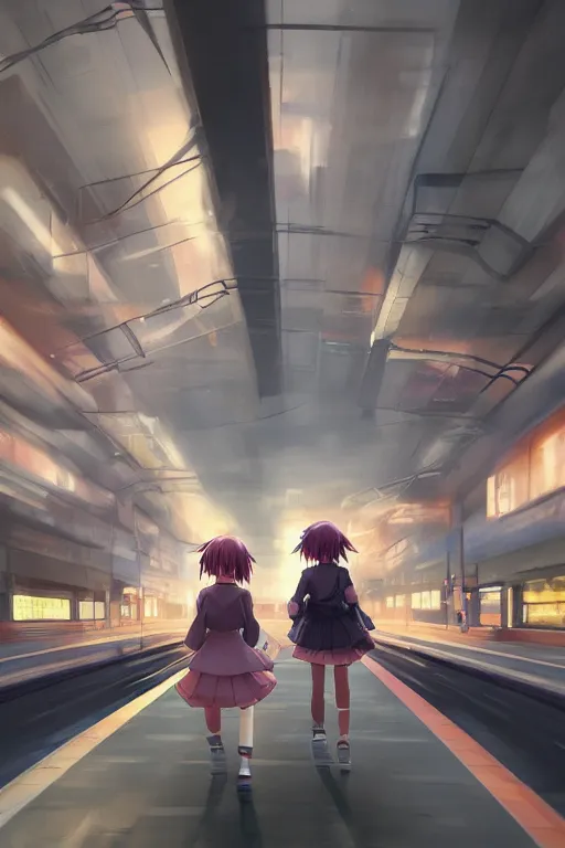 Image similar to 3d ultra realistic anime illustration, two schoolgirls flying on huge japanese elevated subway at rainy sunset. deep and complex composition. Pastel colors. style of Hiro Kiyohara anime. redshift, octane, trending on artstation, cinematic, oil painting