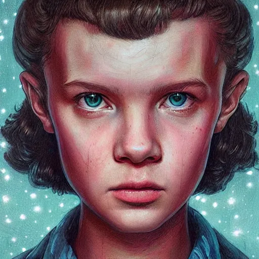 Image similar to beautiful portrait of Eleven from Stranger things (((Tim Okamura))), detailed!!!