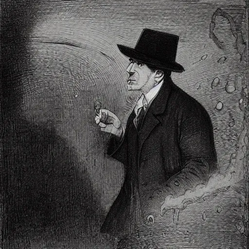 Prompt: detective wearing a black hat, street of Innsmouth, by gustave dore and william blake