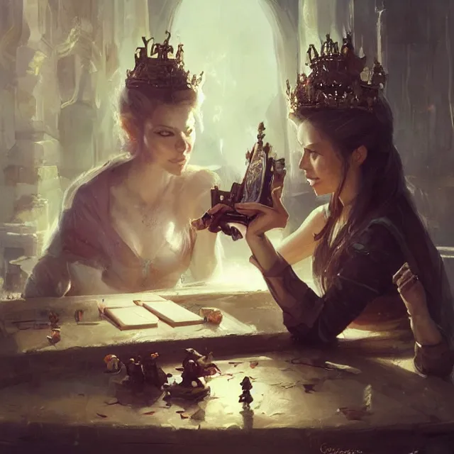 Image similar to a painting of two queens playing games by greg rutkowski, dark fantasy art, high detail, trending on artstation