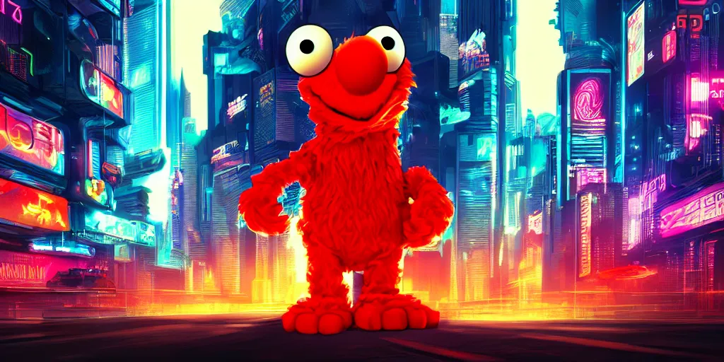 Image similar to elmo!! in cyberpunk night city wallpaper rendering, digital art