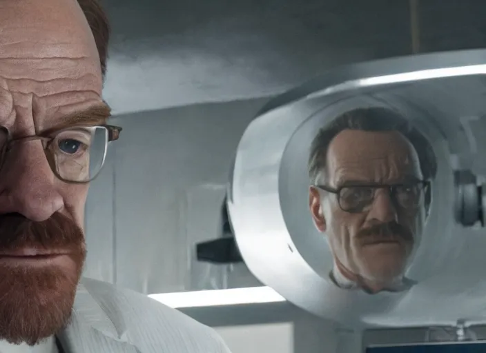 Image similar to film still of Brian Cranston as real Gordan Freeman in the Half Life Movie, 4k