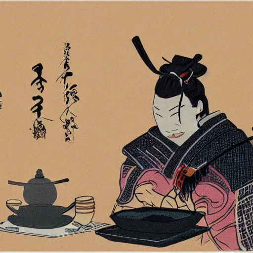 Image similar to a samurai at a tea party