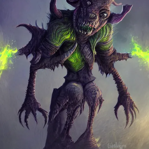 Image similar to a highly detailed goblin with grey skin and blue eyes that glow, made of wind, like magic the gathering, goblin chainwalker,, digital art, by christopher rush