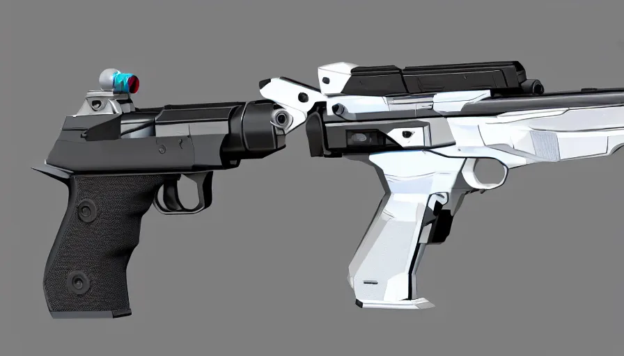Prompt: extremely detailed realistic side view of a sci fi magnum pistol, detailed trigger, chemically propelled, massive battery, smooth streamline, battery and wires, railgun, coilgun, chemrail, gauss, elegant sleek smooth body, white paint, smooth utopian design, ultra high quality, minimalist, octane, cod, destiny, warframe, terminator
