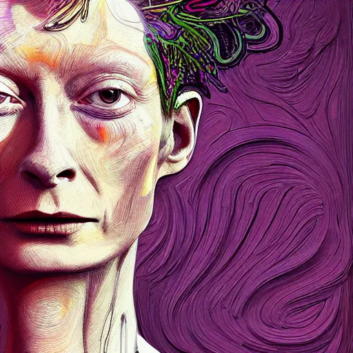 Image similar to a realistic yet sketched fierce neon tilda swinton, trending on artstation, by archan nair and marlene duma, intricate details, flowers, in the style of frank auerbach, in the style of martin ansin, in the style of david aja, in the style of mattias adolfsson