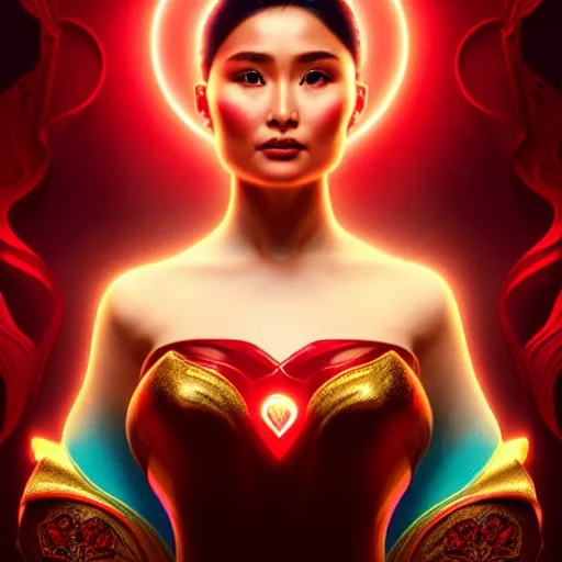 Prompt: heart evangelista as darna, volumetric lights, red and cyan theme, art nouveau botanicals, intricate, highly detailed, digital painting, artstation, concept art, smooth, sharp focus, cinematic, illustration, beautiful face, art by artgerm and greg rutkowski and alphonse mucha