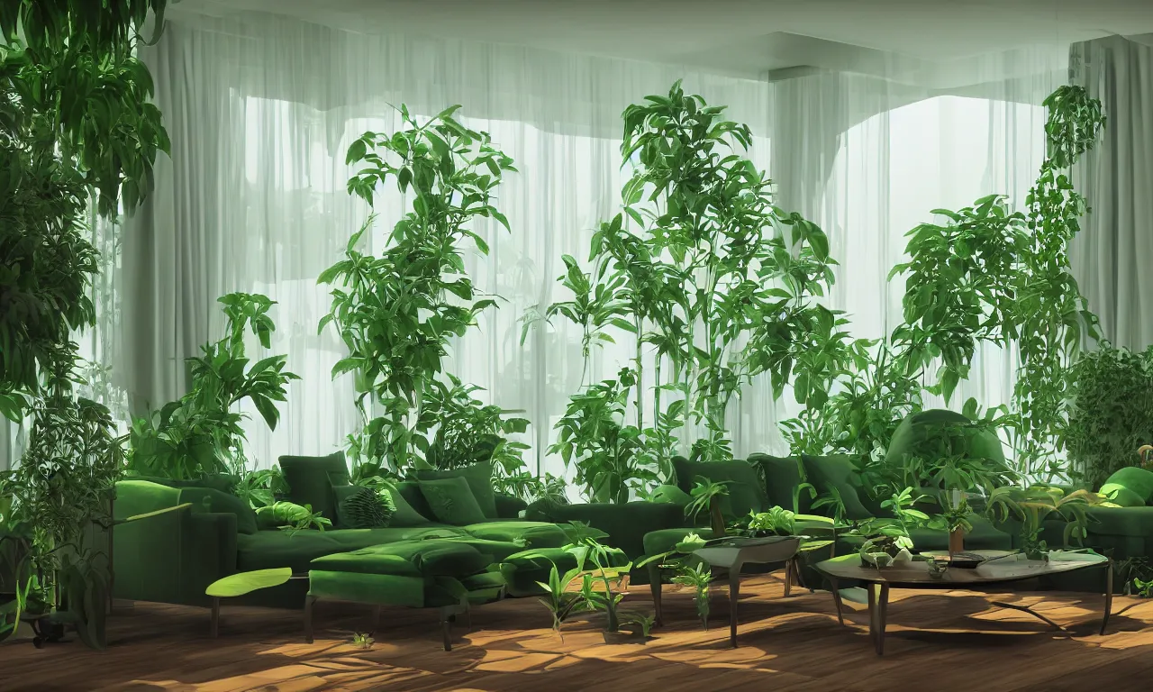 Image similar to comfy green living room with many plants, complicated liminal interior, Lynchian, unsettling, dreamlike with vapor clouds and painting by Henri Rousseau, 3D render by Beeple and Barry Chuckle, layered, parallax effect