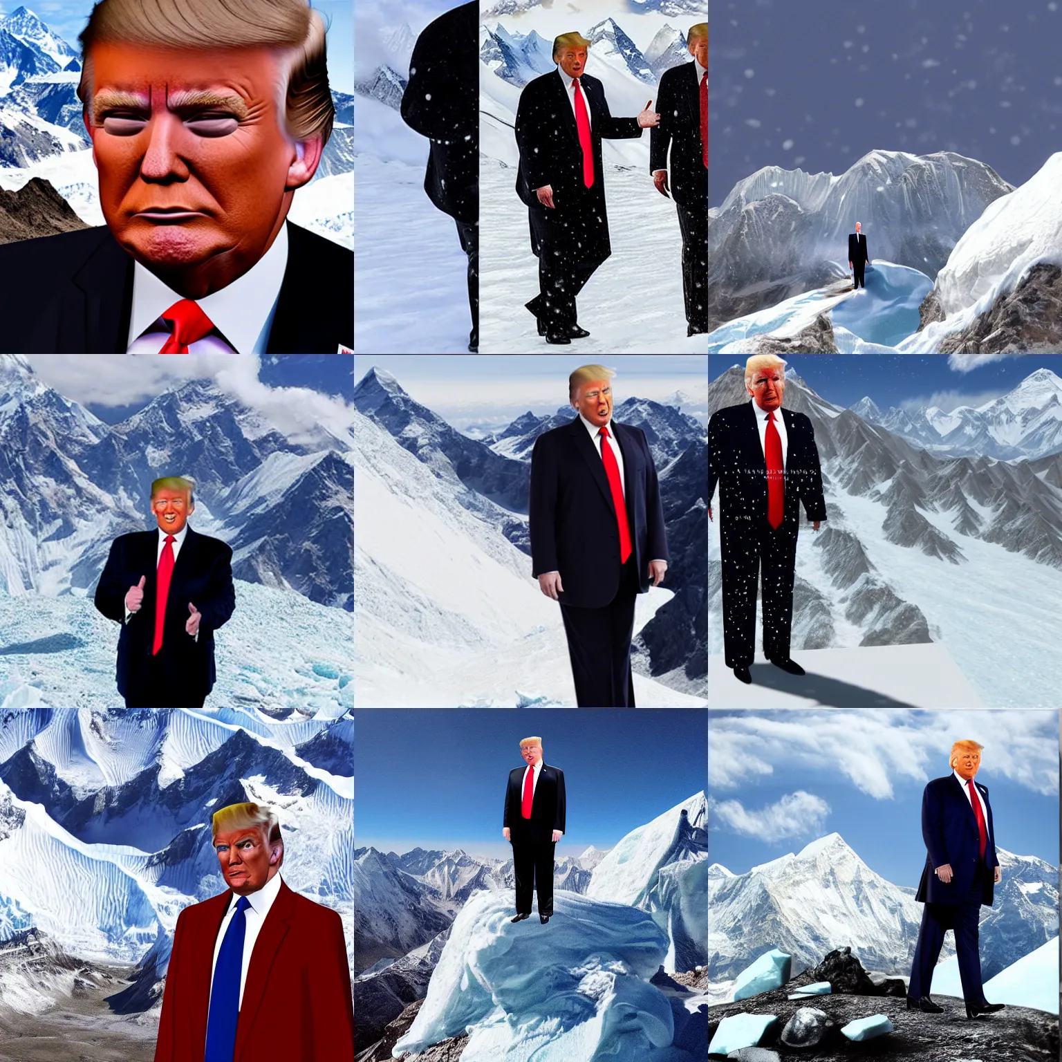 Prompt: donald trump wearing a suit at the top of mount everest, snowing, photorealistic