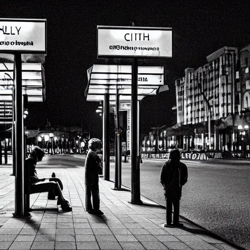 Image similar to a some people waiting in a lone bus stop in quiet dark city night by dr. seuss, high quality, high resolution,detailed