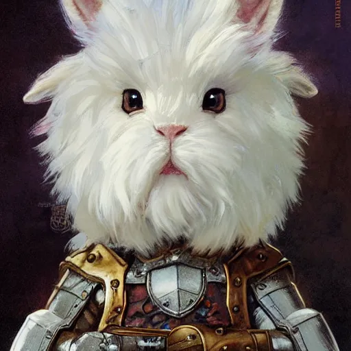 Prompt: white lionhead dwarf bunny rabbit as a fantasy knight, closeup portrait art by norman rockwell and donato giancola and greg rutkowski